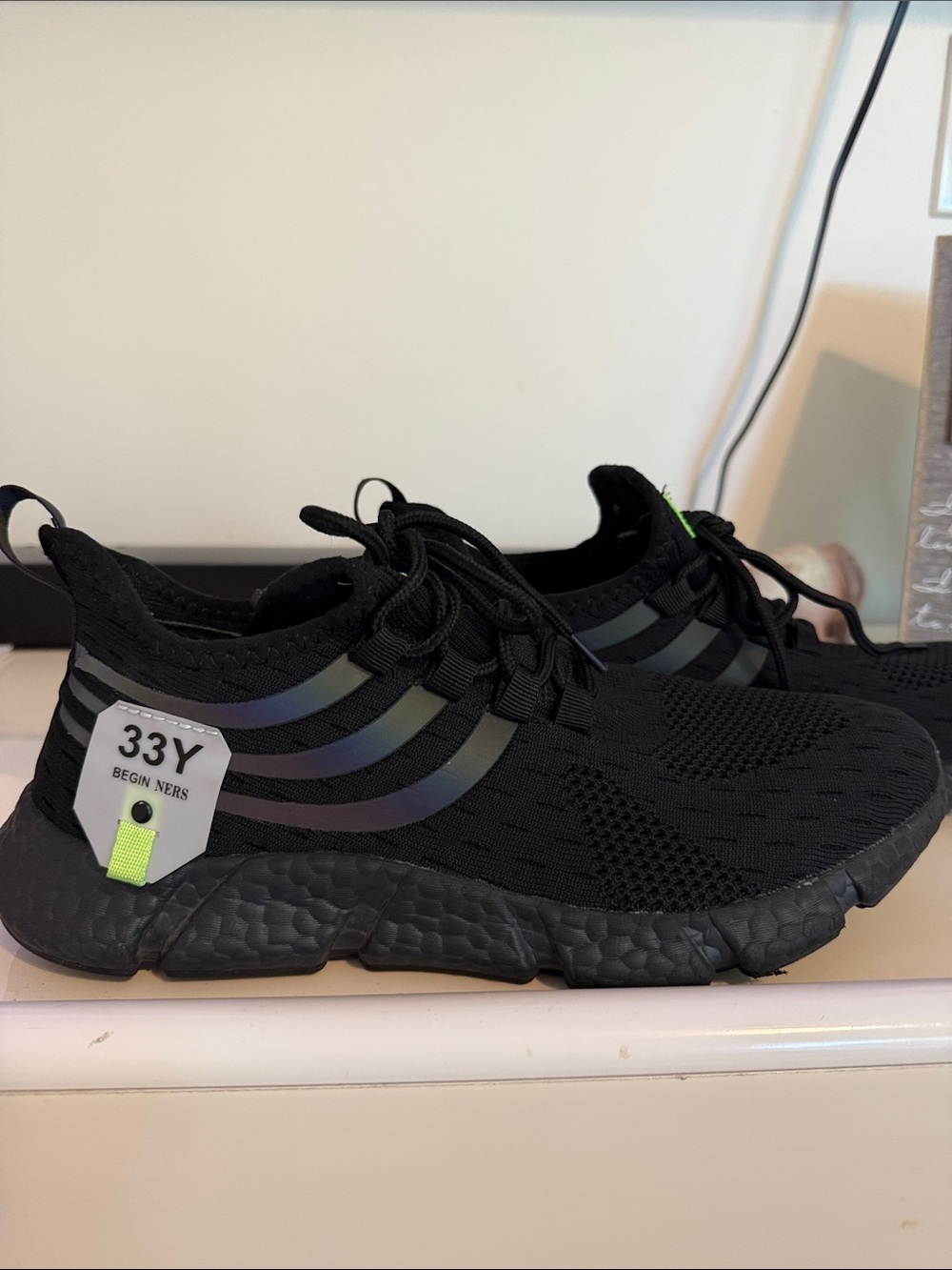 Black Men's Knit Athletic Sneakers with Iridescent Stripes